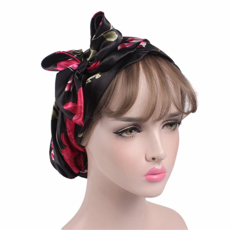 Qhome cap Qhome Satin Bow Headscarf Comfortable Sleeping Bonnet Curly Hair Wrap Womens Silk Head Scarf Head Wrap Cap - Image 3